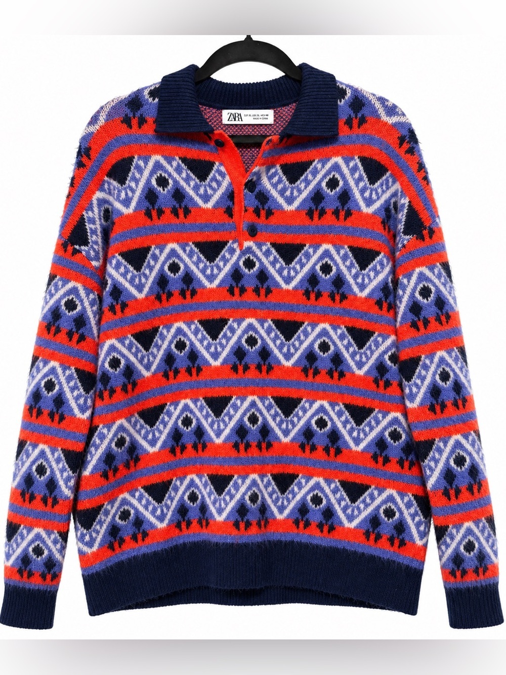 ZARA| XL Geometric Jacquard Polo Collar Blue Orange Grandpa Sweater